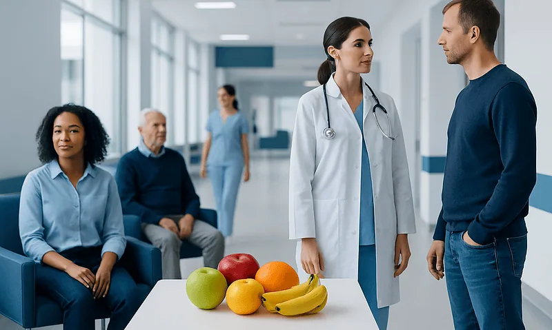 Healthy Fruits: An Evidence-Based Guide for Patients 7 Doctor talking to patient in hospital corridor with fruits on table.