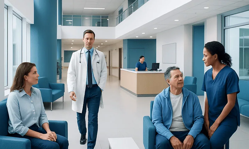 Medical team consulting patients in a modern hospital lobby.