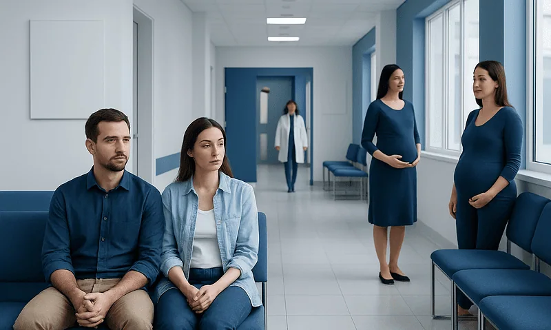 Patients waiting in a hospital corridor with medical staff in the background.