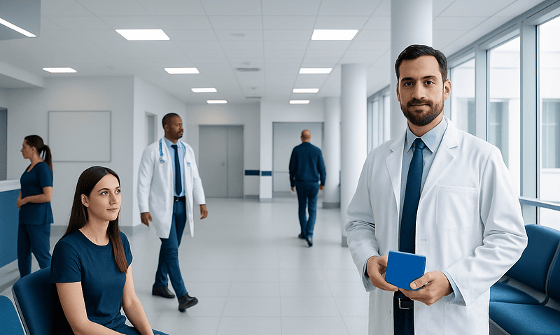 Medical professionals and patient in a hospital corridor.