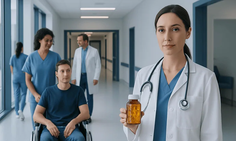 Healthcare professional holding medication in hospital corridor with patients and staff.