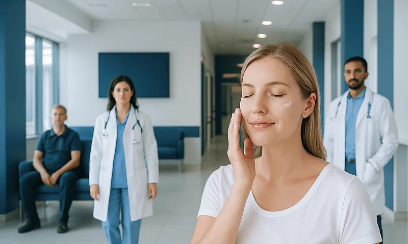 Young woman experiencing skin relief in a hospital setting with medical staff nearby.