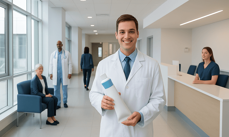 Smiling doctor holding a bottle of toothpaste in a modern hospital lobby.