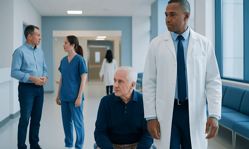 Doctor and patient in hospital corridor with medical staff in background.