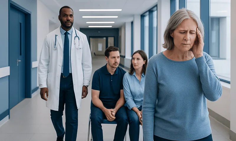 Elderly woman experiencing dizziness in a hospital corridor with medical staff.