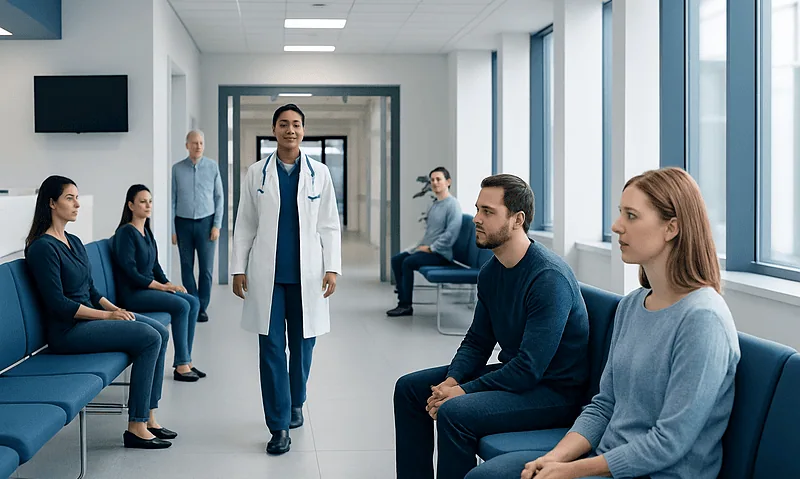 Medical consultation in a modern hospital corridor with diverse patients and staff.