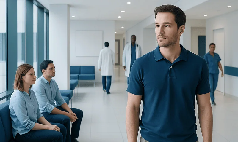 Male patient waiting in hospital corridor at Acibadem Hospitals Group.