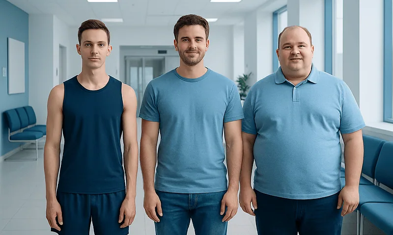 Three men with different body types standing in a hospital corridor.