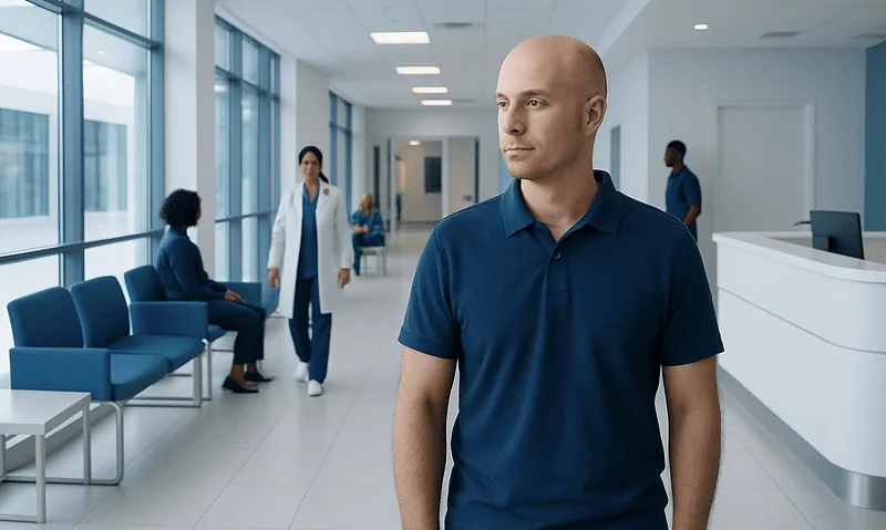 Bald man waiting in a modern hospital lobby with medical staff in the background.