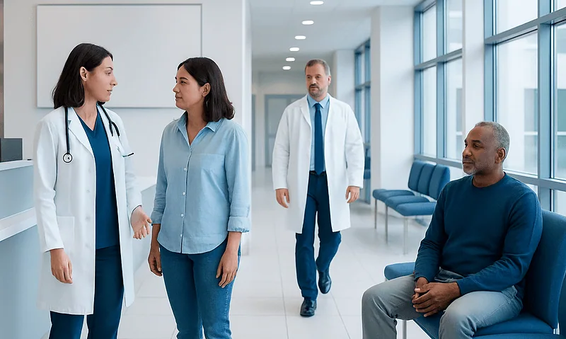 Medical professionals consulting with a patient in a hospital corridor.