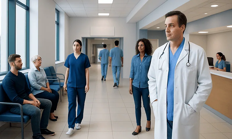Medical team and patients in hospital corridor at Acibadem Hospitals Group.