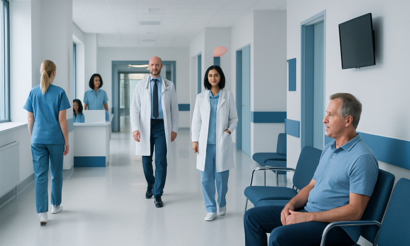 Hospital corridor with medical staff and a patient waiting area.