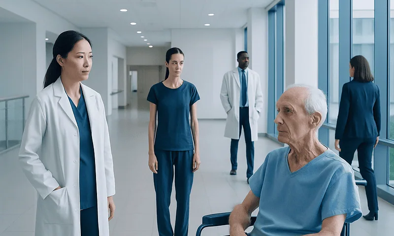 Medical team discussing patient care in hospital corridor.