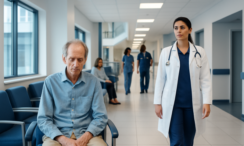 Doctor and elderly patient in hospital corridor with waiting area.