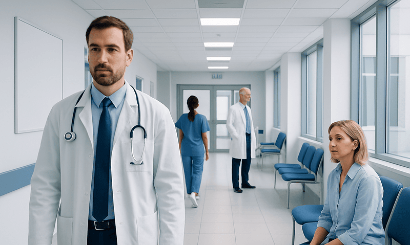 Medical professionals and patient in hospital corridor at Acibadem Hospitals Group.