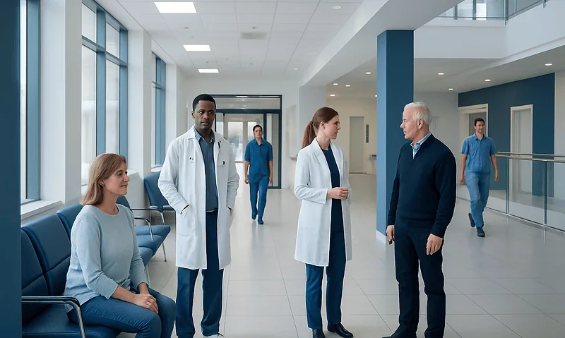 Medical team discussing patient care in a modern hospital corridor.