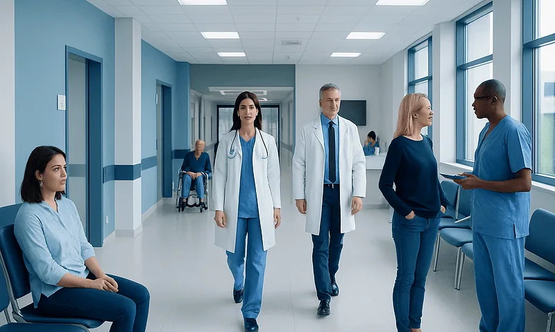 Medical staff and patients in a hospital corridor at Acibadem Hospitals Group.