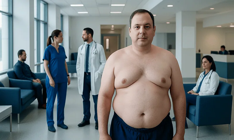 Man with gynecomastia in a hospital waiting area.