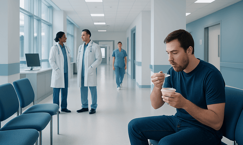 Young man eating yogurt in hospital waiting area with medical staff in background.