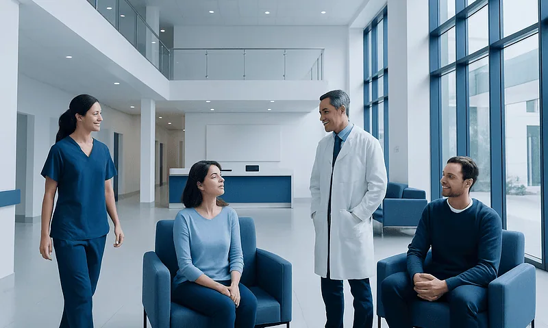 Medical consultation in a modern hospital lobby with healthcare professionals and patients.