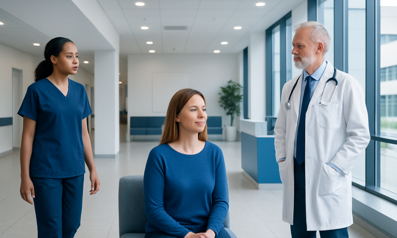 Doctor consulting with patient and nurse in hospital corridor.