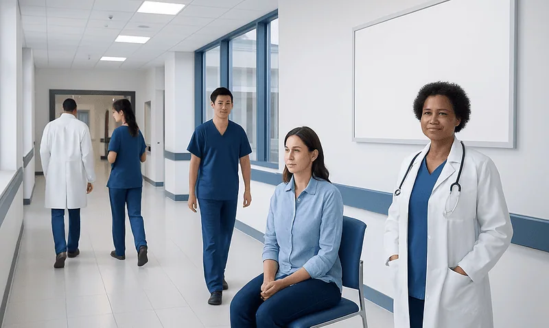 Healthcare professionals and patient in a modern hospital corridor.