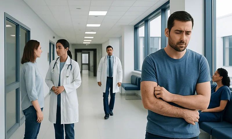 Mange in Humans: A Complete Medical Overview 8 Man waiting in hospital corridor with medical staff and patient in background.