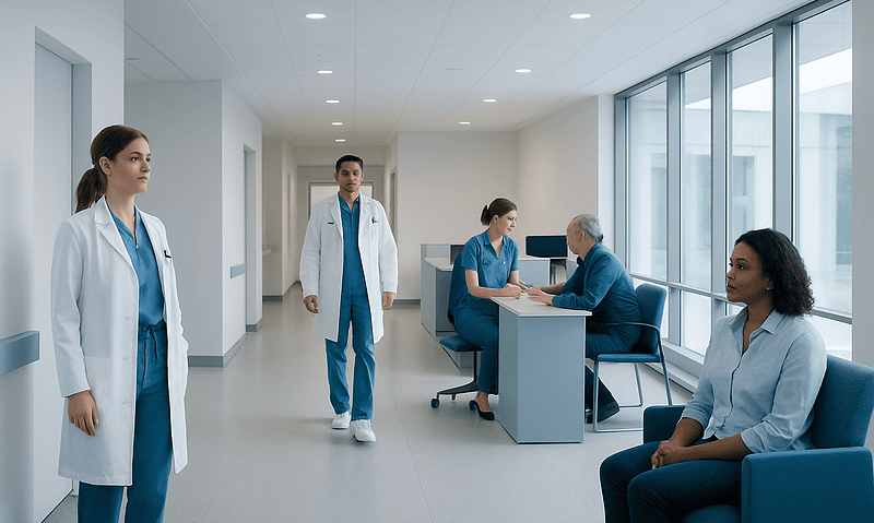 Medical team in hospital corridor with patients and staff.