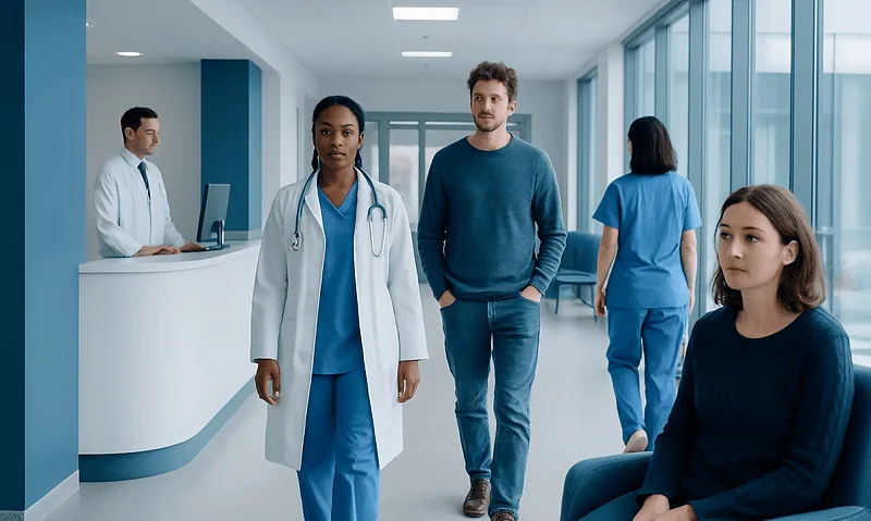 Medical professionals and a patient in a hospital corridor at Acibadem Hospitals Group.