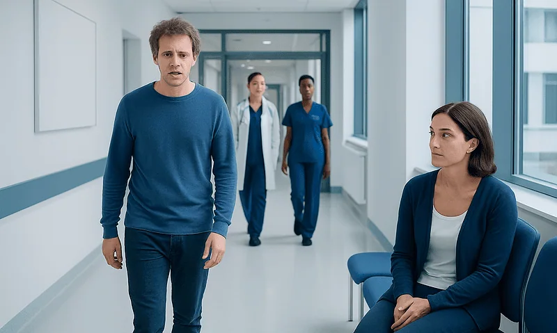 Patient and healthcare professionals in hospital corridor at Acibadem Hospitals Group.