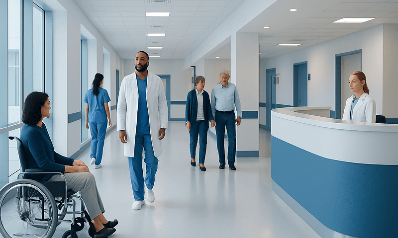 Hospital corridor with medical staff and a patient in wheelchair.