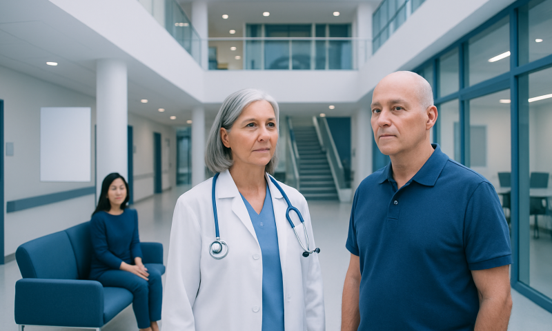 Doctor and patient in a modern hospital lobby with a waiting woman in the background.