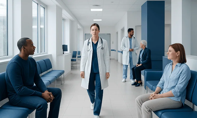 Medical professionals and patients in a hospital waiting area.
