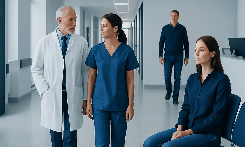 Medical professionals and patient in hospital corridor at Acibadem Hospitals Group.