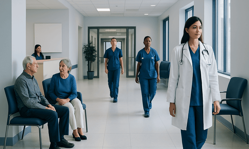 Healthcare professionals and patients in a modern hospital corridor.