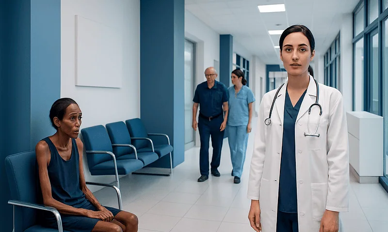 Marasmus: An Evidence-Based Guide for Patients 8 Healthcare professionals and patient in hospital corridor.