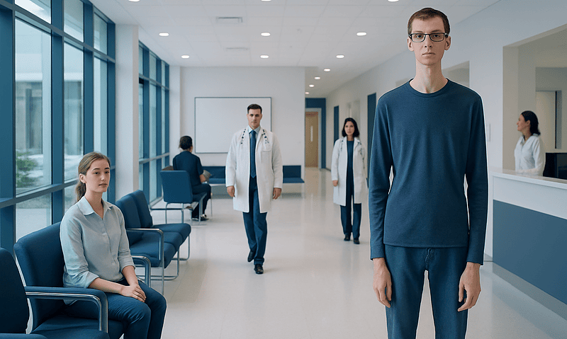 Medical team and patient in a modern hospital corridor.