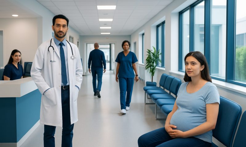Pregnant woman in hospital waiting area with medical staff and doctor.