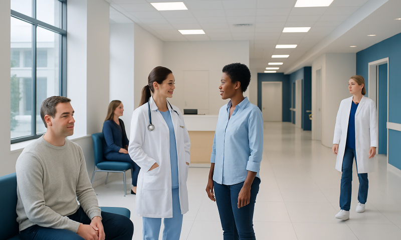 Medical professionals and patients in a hospital corridor.