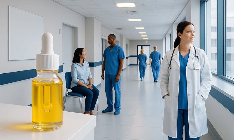 Healthcare professionals and patient in hospital corridor with a bottle of oil in foreground.