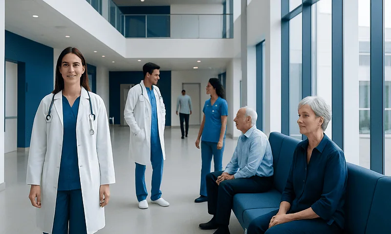 Medical team and patients in a modern hospital corridor.