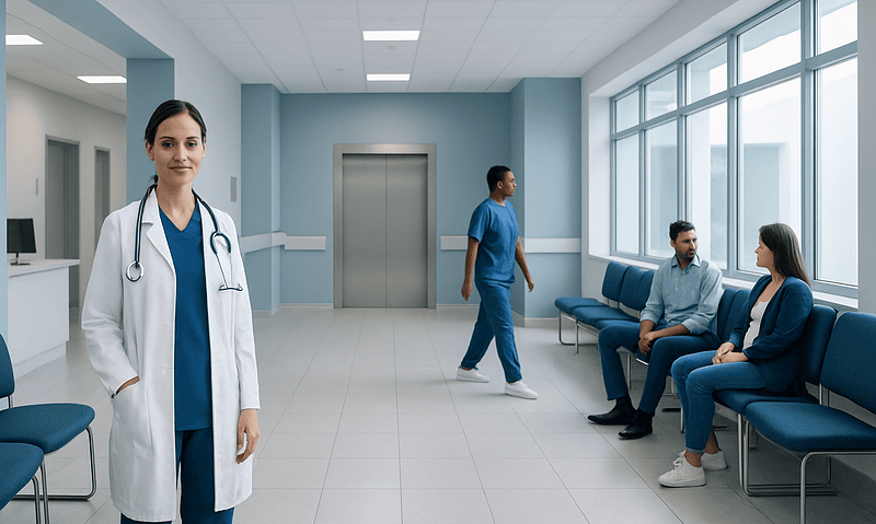 Healthcare professionals and patients in a modern hospital waiting area.