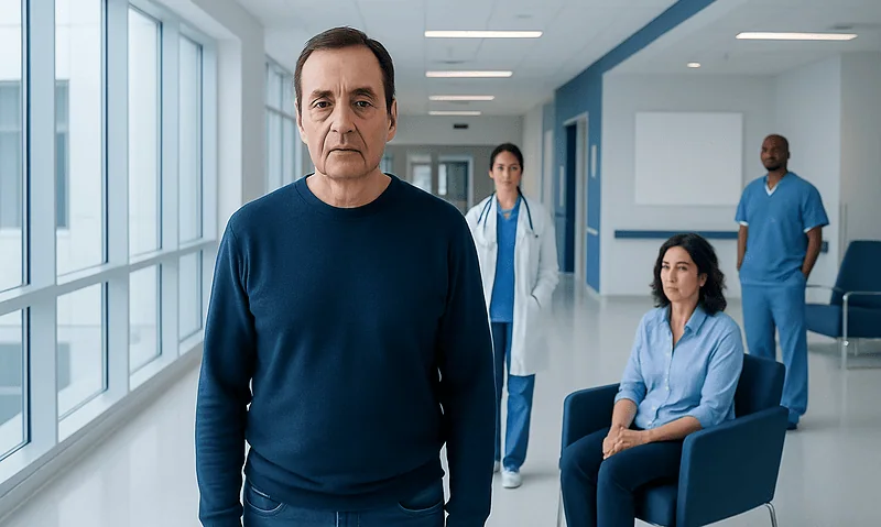Serious male patient in hospital corridor with medical staff in background.