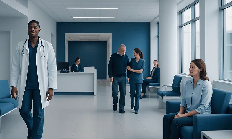 Modern hospital waiting area with medical staff and patients.