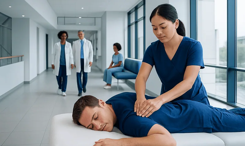 Therapist providing massage therapy in a modern hospital corridor.