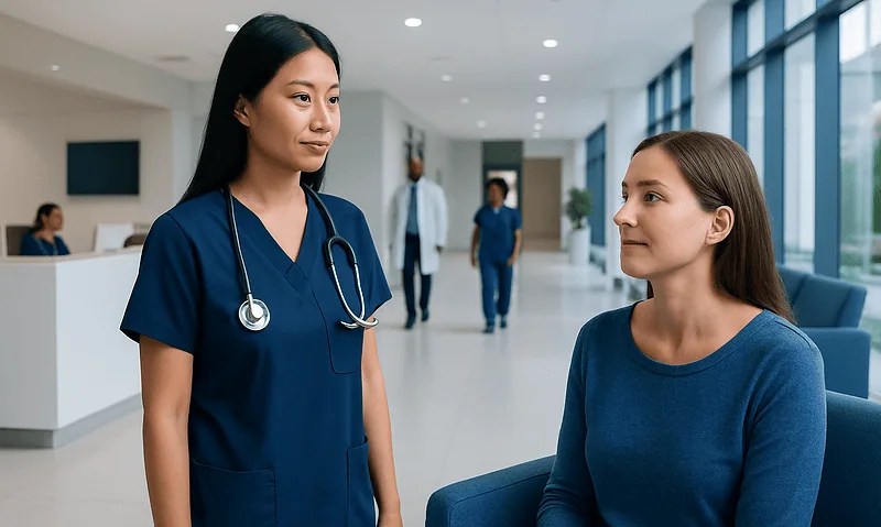 Healthcare professional talking to a patient in a modern hospital corridor.