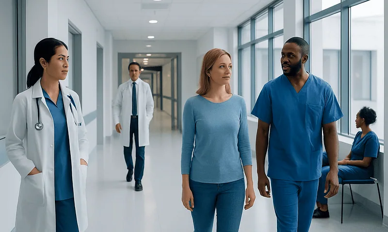 Medical professionals and patient walking in hospital corridor.