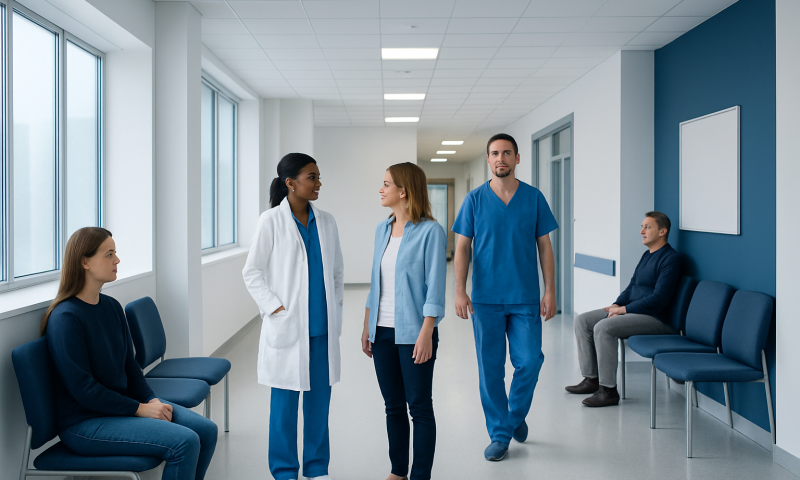 Healthcare professionals and patients in a hospital corridor.