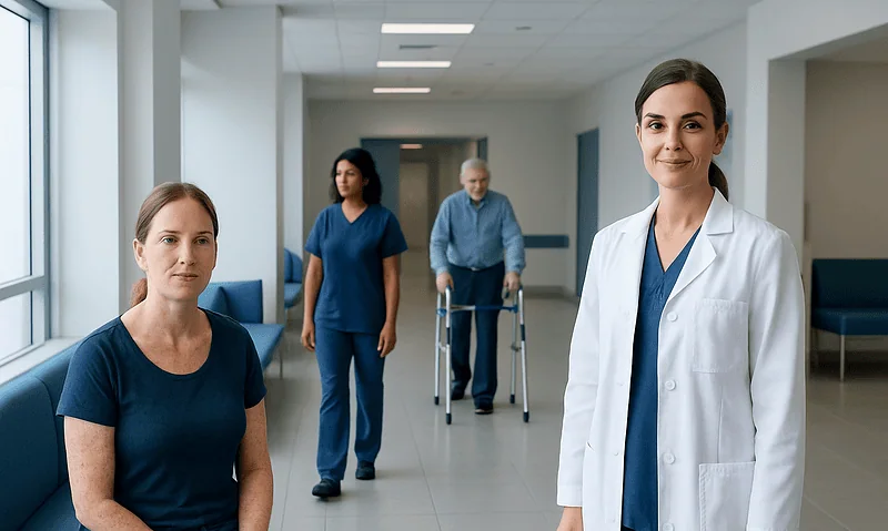 Healthcare professionals and patient in hospital corridor at Acibadem Hospitals Group.