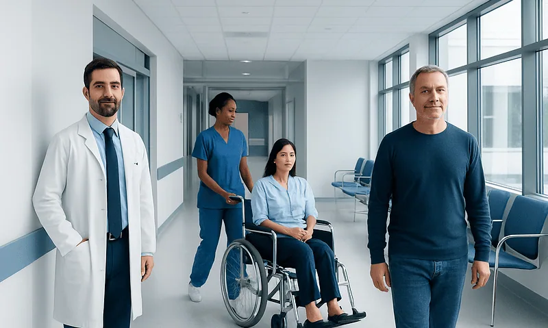 Hospital corridor with medical staff and patient in wheelchair.